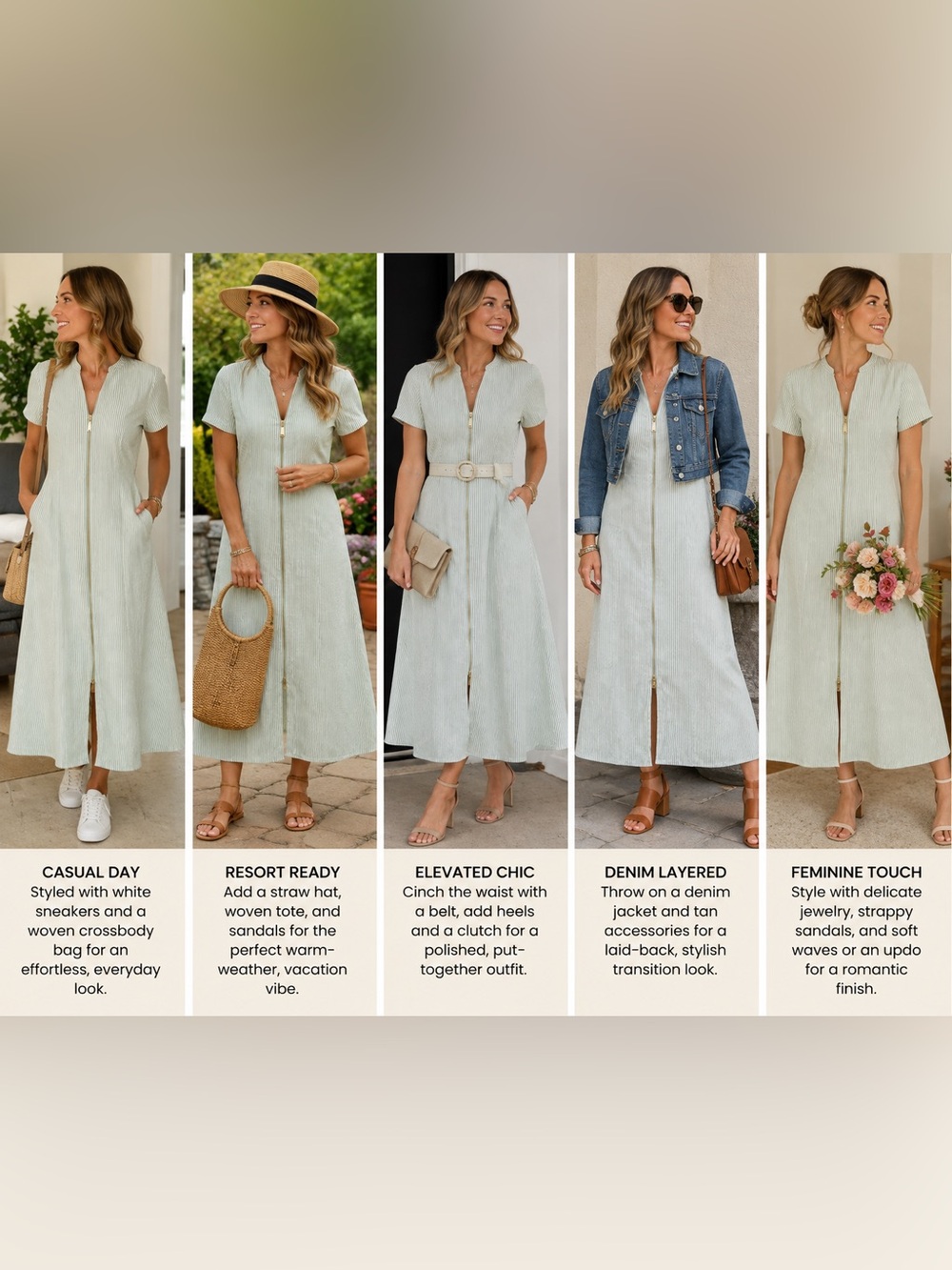 Zip-Front Short Sleeve Midi Dress in Light Sage